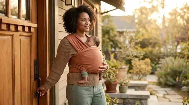 A mom stepping out her front door with her newborn snuggled in a terracotta sling.