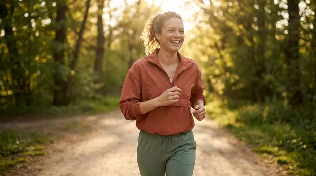 A smiling mom jogging at an easy pace on a tree-lined trail.