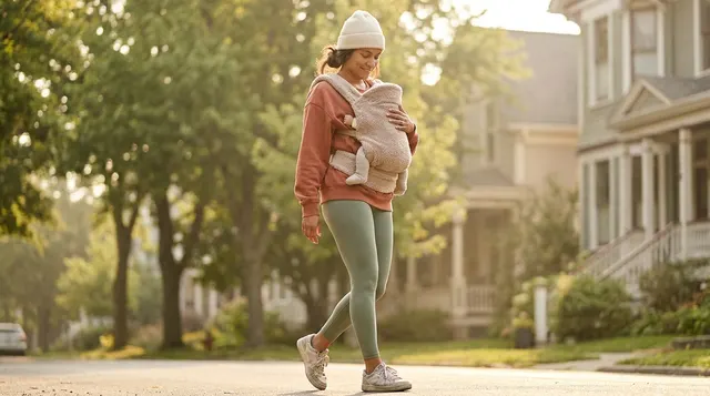 A postpartum mom on a gentle neighborhood walk with her baby in a front carrier.
