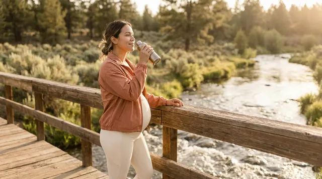 A pregnant woman pausing on a wooden footbridge to drink water beside a river.