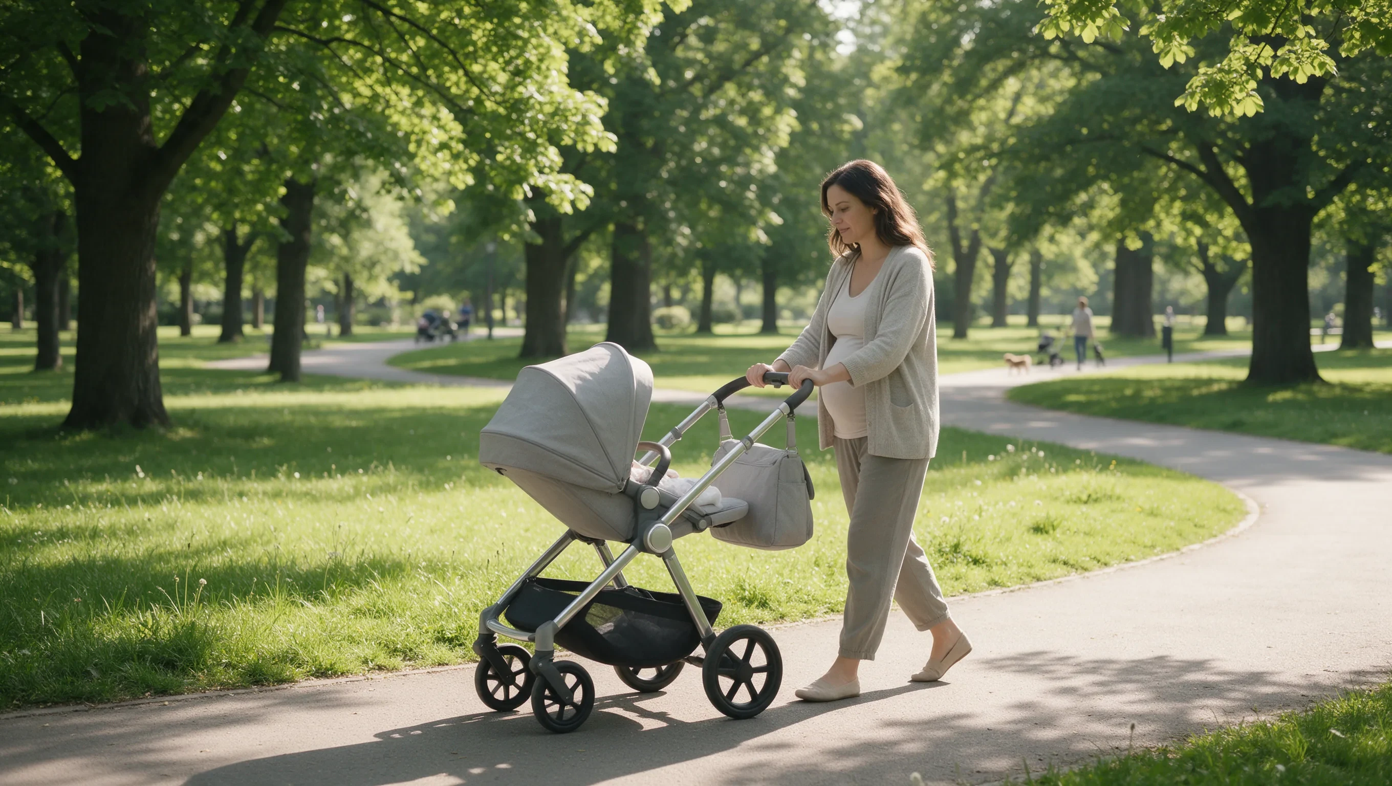 Two moms walking together with strollers on an autumn neighborhood sidewalk