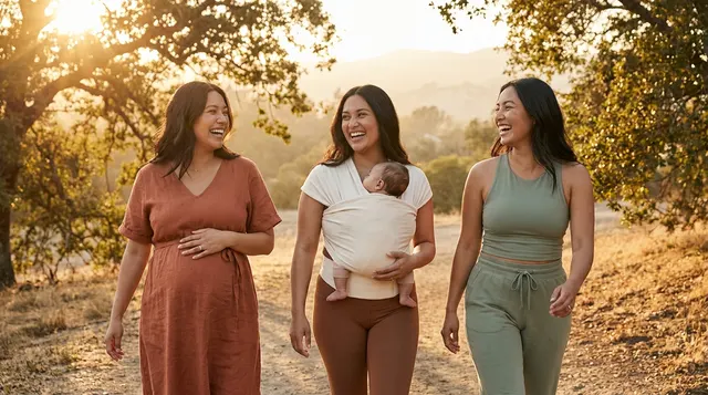 Three moms walking a sunlit trail together — one pregnant, one carrying her newborn in a wrap, one postpartum.