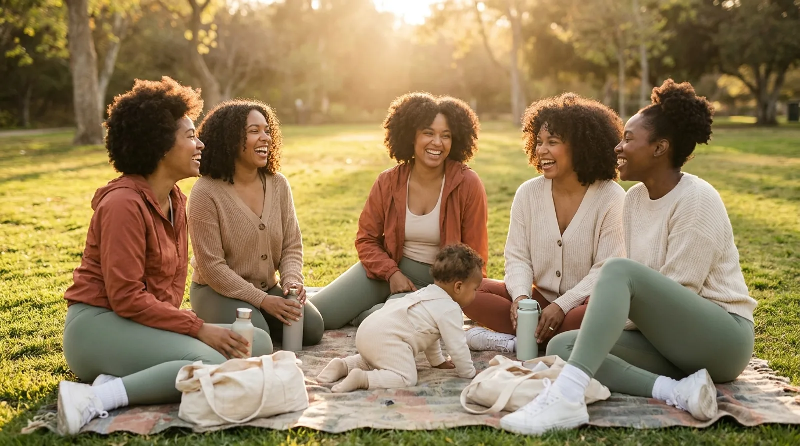 Illustration of a small circle of moms walking and chatting together with strollers