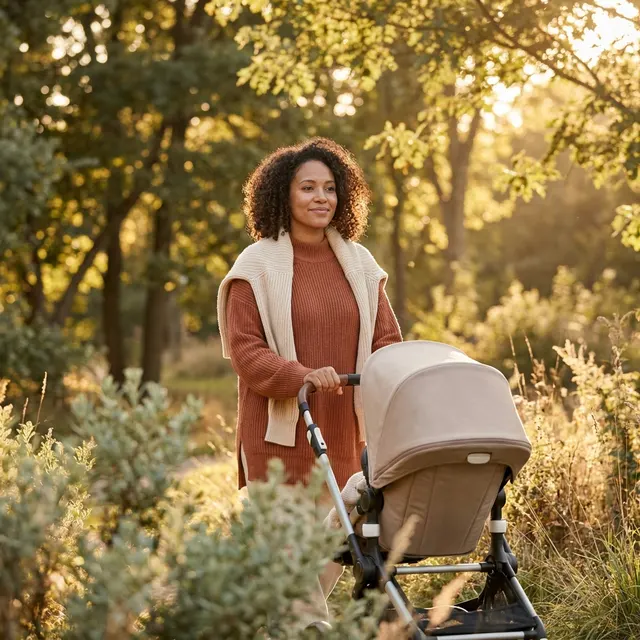 Illustration of a new mom walking with her baby carrier, easing back into movement
