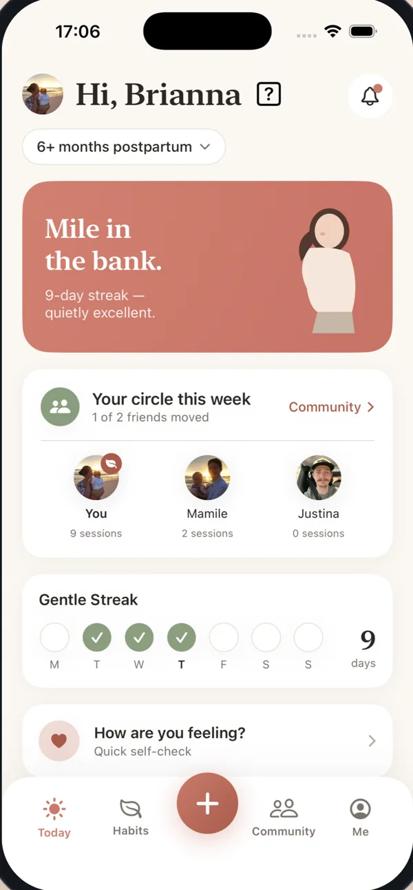 MaMile Today screen — Mile in the bank, your pod this week, and a daily self-check