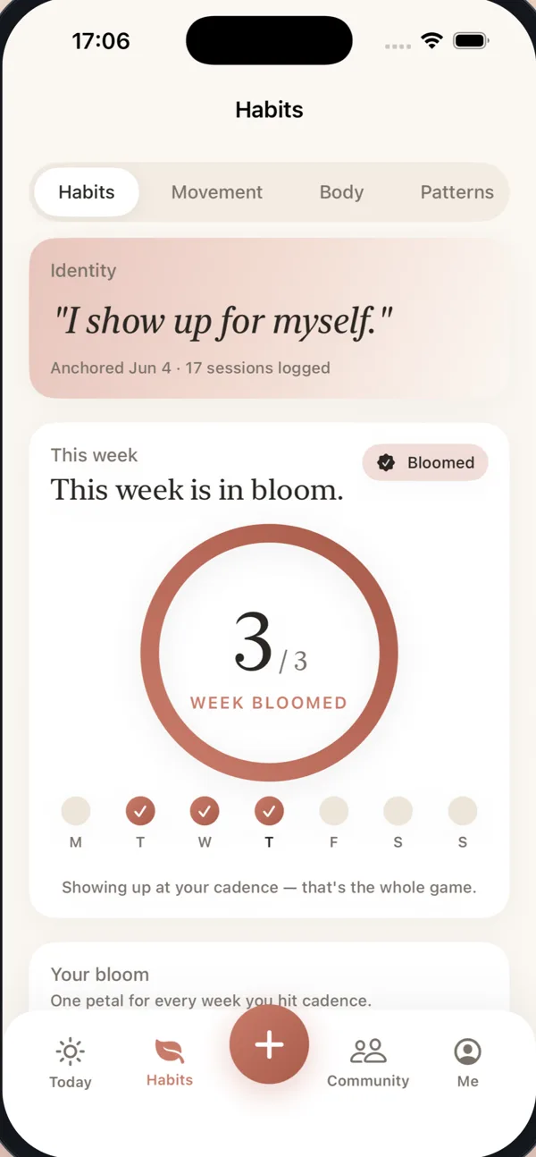 MaMile Habits screen — This week is in bloom, 3 of 3 cadence ring, 'I show up for myself' identity