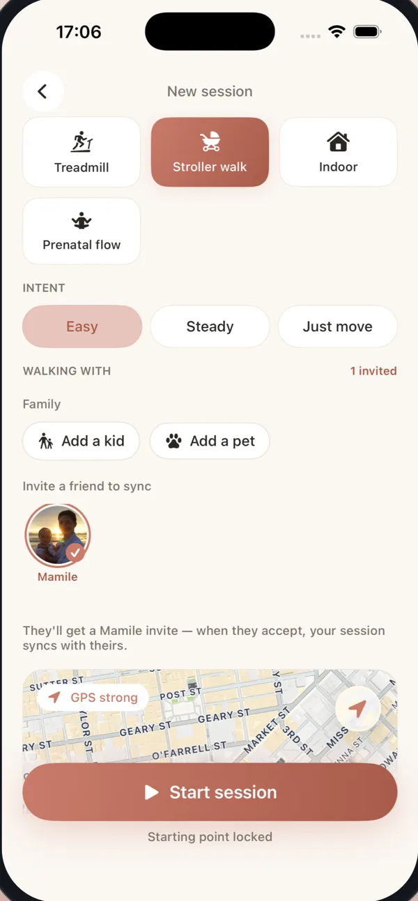 MaMile new session — stroller walk and prenatal flow, Easy / Steady / Just Move intent, GPS ready