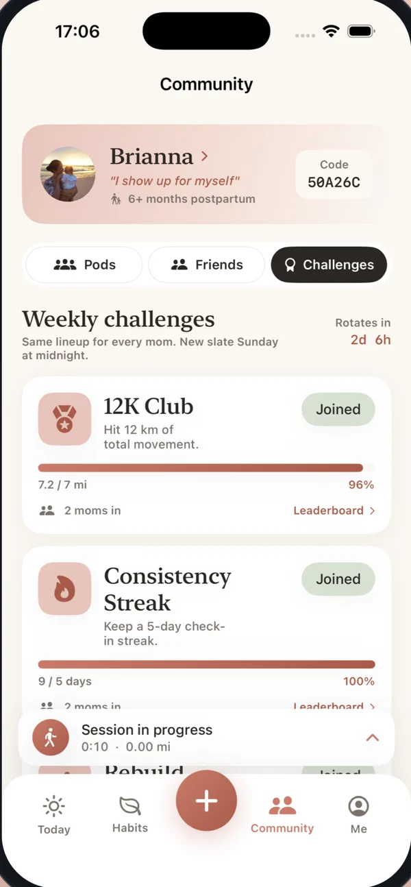 MaMile Community — your pod's week, gentle shared intentions, and a circle that shows up together