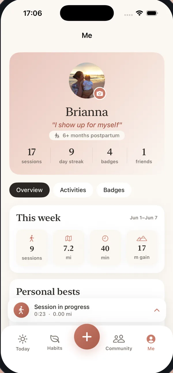 MaMile profile — your stage, your pod, weekly sessions, and an honest daily self-check